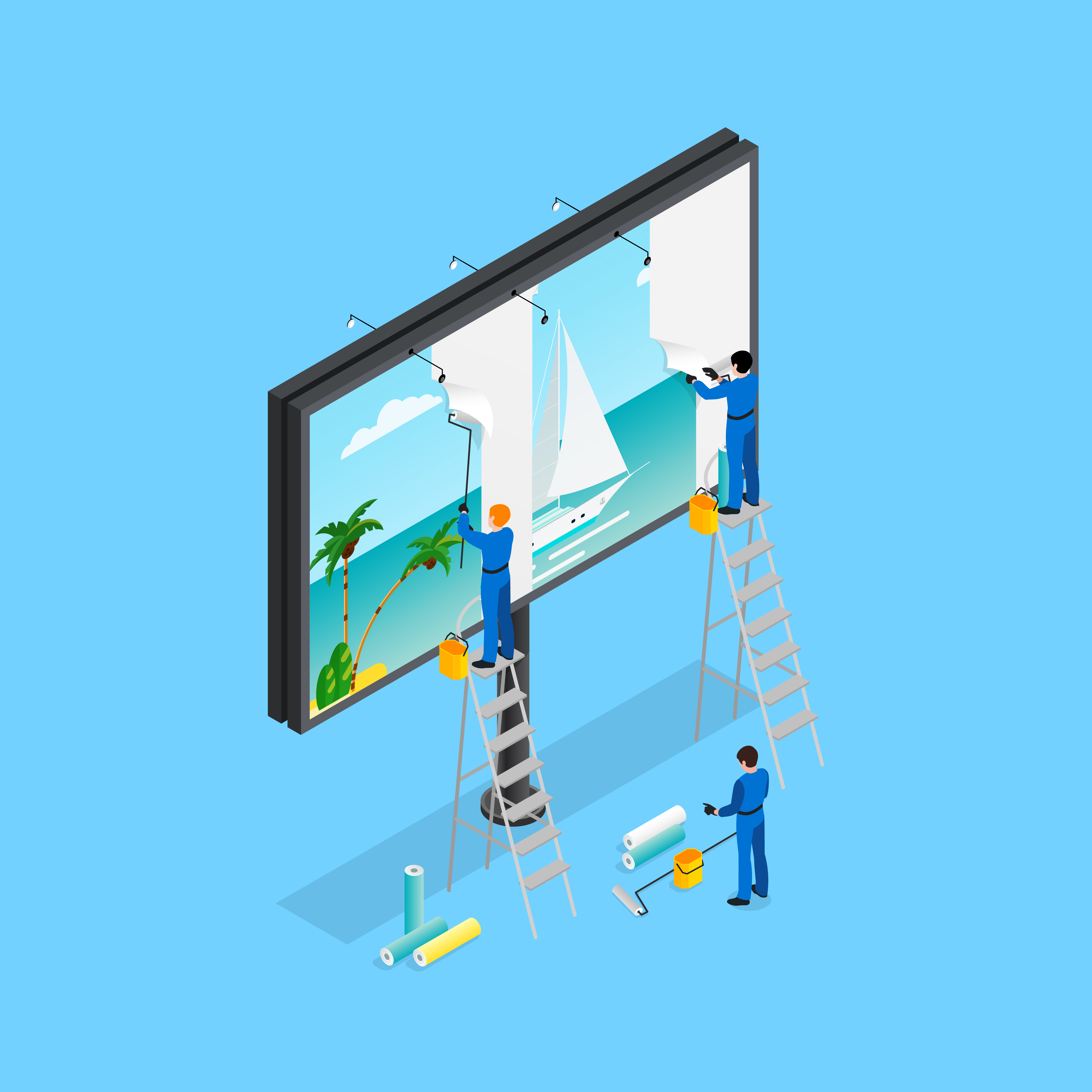 Advertising isometric concept with billboard  on blue background isometric vector illustration