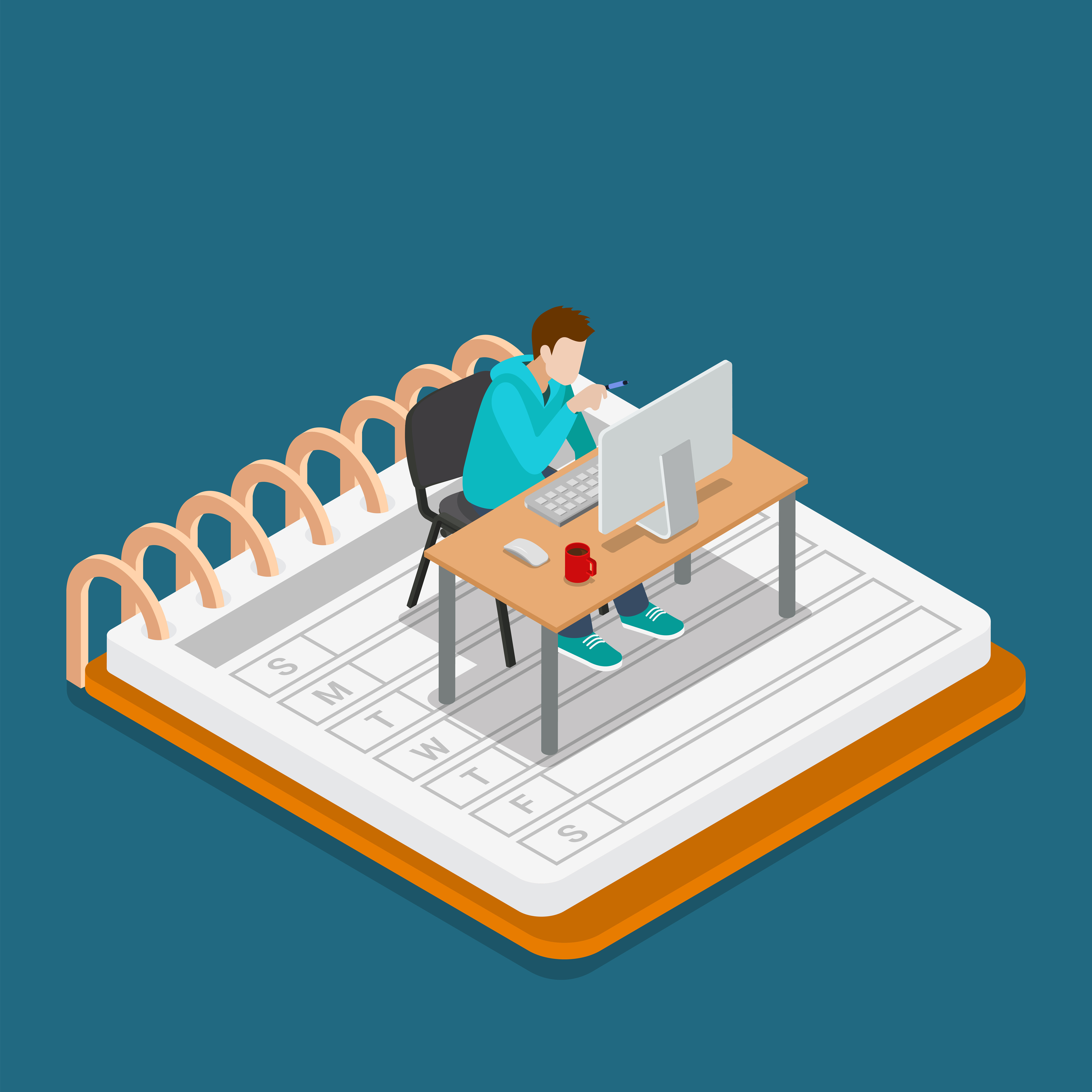 Isometric Mobile office work business concept. Flat 3d isometry web site conceptual vector illustration. Creative people collection. Man working table huge notebook calendar monitor chair freelancer.